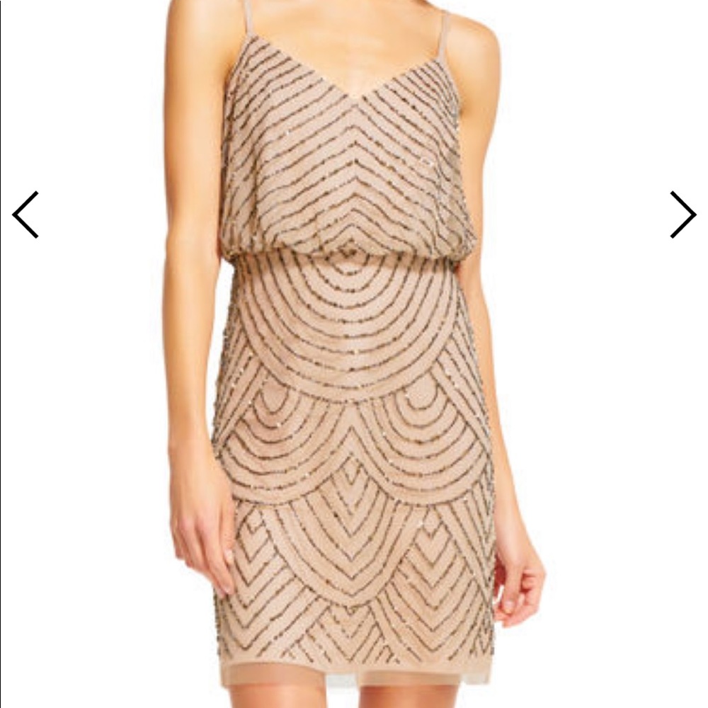 Adrianna Papell sequin Blouson Dress in Taupe/Pink